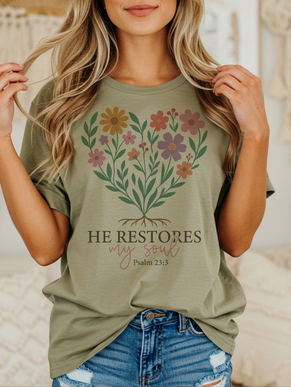 He Restores My Soul floral heart T-shirt | Psalm 23:3 faith tee